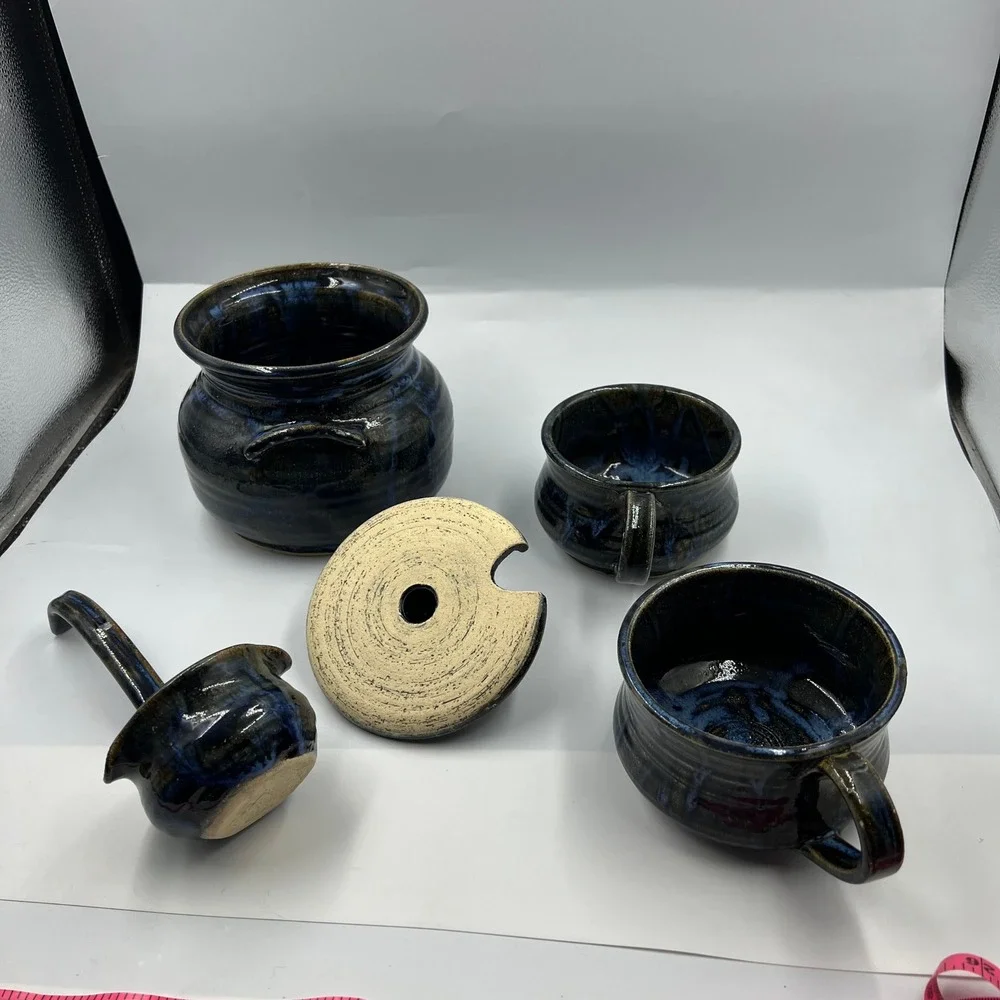 Vintage Signed Studio Pottery Soup Pot with Lid Ladle and 2‎ Bowls Blue Glaze